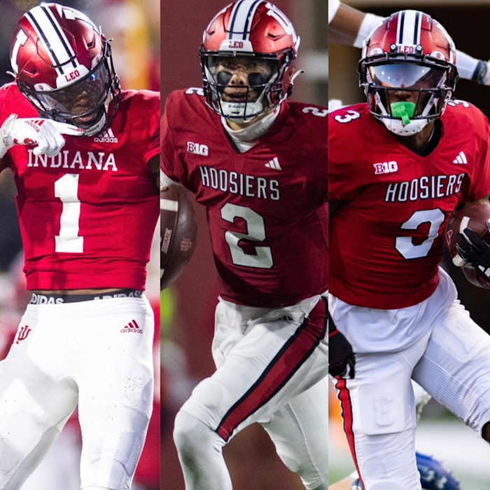 Indiana's Donaven McCulley (1), Tayven Jackson (2) and Omar Cooper Jr. (3) have played key roles for the Hoosiers in 2023.